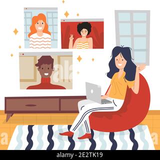 Amici disegnati a mano piatta scene di videoconferenza illustrazione vettoriale. Illustrazione Vettoriale