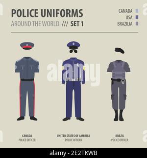 Uniformi di polizia in tutto il mondo. Costume, abbigliamento di ufficiali di polizia americani illustrazioni vettoriali set Illustrazione Vettoriale