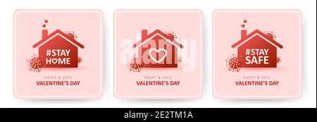 Felice e sicuro San Valentino giorno 2021. Coronavirus e Vacanze. Set di adesivi di autoisolamento sui social media. Misure di distanza per prevenire i virus Illustrazione Vettoriale