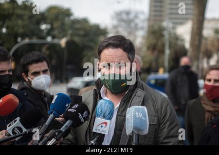 Barcellona, Catalogna, Spagna. 15 gennaio 2021. Il presidente del partito politico Vox, Santiago Abascal, è visto parlare in una conferenza stampa.Santiago Abascal, presidente del partito politico spagnolo di estrema destra, Vox, è stato a Barcellona, insieme al candidato alla presidenza della Generalitat di Catalogna, Ignacio Garriga e al deputato del Parlamento europeo, Jorge Buxadé, entrambi di Vox. Hanno chiamato un collettivo di stampa davanti al monumento di Cristoforo Colombo, per respingere la decisione del governo di rinviare le elezioni catalane a causa del Coronavirus. (Credito IMA Foto Stock