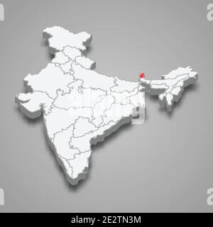 Posizione dello stato di Sikkim all'interno della mappa isometrica 3d dell'India Illustrazione Vettoriale