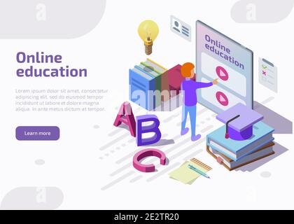 Landing page isometrica per l'istruzione online, banner Web. Studenti che imparano tutorial video a distanza tramite il sito Web o l'applicazione su un enorme schermo di tablet. Lezione in Internet School, università o università. Illustrazione Vettoriale