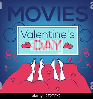 San Valentino Film romantici. Copertina quadrata, pagina del sito Web. Coppia di persone innamorate a letto prima di TV-set, monitor. Illustrazione vettoriale, Banner, Adve Illustrazione Vettoriale