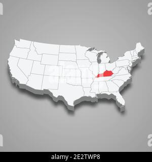 Posizione dello stato del Kentucky all'interno della mappa isometrica 3d degli Stati Uniti Illustrazione Vettoriale