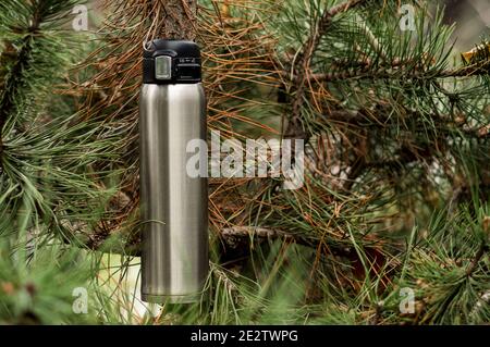 Flacone termico per bevande calde e fredde. Thermos per tè e caffè. Abete rosso. Vista frontale. Foto Stock