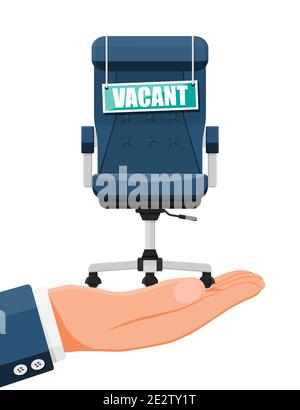 Sedia dell'ufficio e segno vacancy in mano del capo. Assunzione e reclutamento. Concetto di gestione delle risorse umane, ricerca di personale professionale, lavoro. Rilevato ripristino corretto. Illustrazione vettoriale in stile piatto Illustrazione Vettoriale