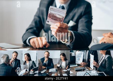 Collage di uomini d'affari che detengono carte e investitori con denaro in ufficio Foto Stock