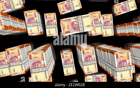 Illustrazione 3d di un pacchetto di denaro di rupia indiana. Stack di pacchetti di banconote da 200 INR. Concetto di finanza, contanti, crisi economica, successo di affari, recessione, banca, Foto Stock