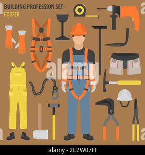 Set professione e occupazione. Attrezzi e attrezzature per tetti. Icona di progettazione piatta uniforme. Illustrazione vettoriale Illustrazione Vettoriale