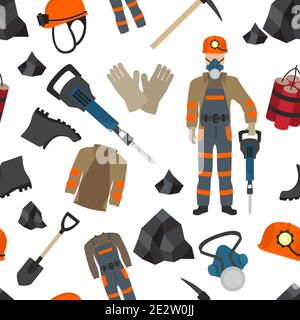 Set professione e occupazione. Attrezzatura per estrazione del carbone, minatori, modello senza cuciture.illustrazione vettoriale Illustrazione Vettoriale