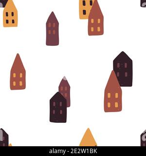 Case scandinave senza giunture isolato su sfondo bianco. Illustrazione vettoriale a forma di doodle disegnata a mano per design accoglienti. Illustrazione Vettoriale