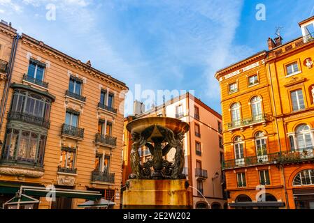 Fontana ed edifici Place de la Trinite a Tolosa in Occitania, Francia Foto Stock