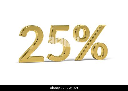 Gold numero venticinque con segno di percentuale - 25% su sfondo bianco - rendering 3d Foto Stock