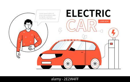Auto elettrica - banner Web colorato stile disegno linea su sfondo bianco con spazio di copia per il testo. Una composizione con un ragazzo che carica un veicolo al Illustrazione Vettoriale