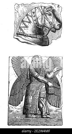 Resti delle rovine di Ninive, città mesopotamiana nell'attuale Iraq, testa di cavallo e figura umana alata, illustrazione dal 1870 / Reste aus den Ruinen von Ninive, mesopotamische Stadt im heutigen Irak, Pferdekopf und geflügelte menschliche Gestalt, Illustrazione aus 1870, Historisch, storico, Riproduzione digitale migliorata di un originale del 19 ° secolo / digitale Reproduktion einer Originalvollage aus dem 19. Jahrhundert, Foto Stock