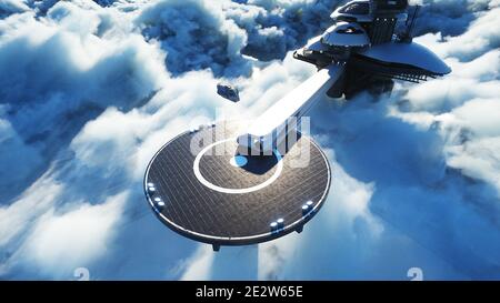 la nave futuristica atterra su una base futuristica tra le nuvole. rendering 3d. Foto Stock