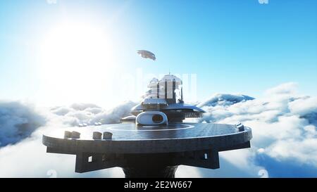 la nave futuristica atterra su una base futuristica tra le nuvole. rendering 3d. Foto Stock