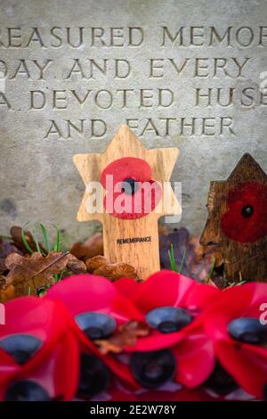Una stella del papavero rosso di David che commemora un soldato ebreo che ha combattuto durante la seconda guerra mondiale nell'esercito britannico, cimitero ebraico a Southampton Common, Inghilterra, Regno Unito Foto Stock