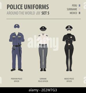 Uniformi di polizia in tutto il mondo. Costume, abbigliamento di ufficiali di polizia americani illustrazioni vettoriali set Illustrazione Vettoriale