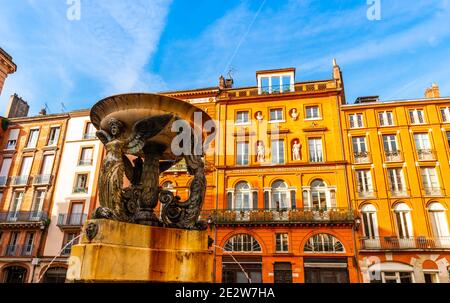 Fontana ed edifici Place de la Trinite a Tolosa in Occitania, Francia Foto Stock