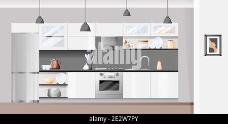 Interni con cucina bianca moderna. Illustrazione di un cartone piatto vettoriale. Mobili di casa di fondo ed elementi di design. Illustrazione Vettoriale