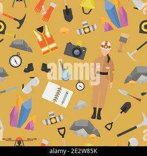 Professione e occupazione modello senza soluzione di continuità. Strumenti e attrezzature per geologi. Icona di progettazione piatta uniforme. Illustrazione vettoriale Illustrazione Vettoriale