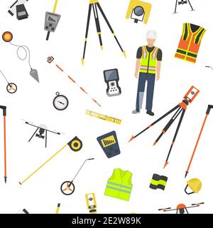 Set professione e occupazione. Strumenti e attrezzature per il rilevamento del terreno. Schema senza giunture.Illustrazione vettoriale Illustrazione Vettoriale