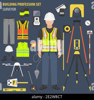 Set professione e occupazione. Strumenti e attrezzature per il rilevamento del terreno. Disegno uniforme piatto icon.Illustrazione vettoriale Illustrazione Vettoriale