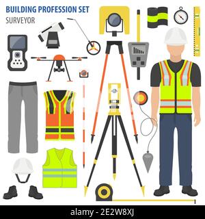 Set professione e occupazione. Strumenti e attrezzature per il rilevamento del terreno. Disegno uniforme piatto icon.Illustrazione vettoriale Illustrazione Vettoriale