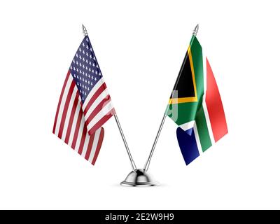 Desk bandiere, Stati Uniti d'America e Sud Africa, isolati su sfondo bianco. Immagine 3D Foto Stock