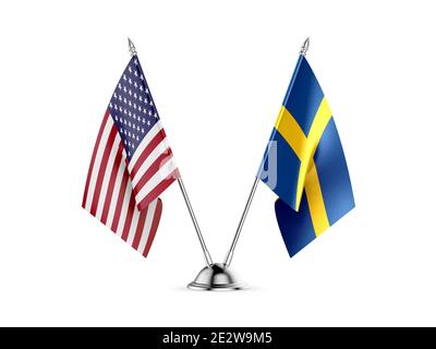 Desk bandiere, Stati Uniti d'America e la Svezia, isolato su sfondo bianco. Immagine 3D Foto Stock