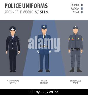 Uniformi di polizia in tutto il mondo. Vestito, abbigliamento di polizia europea vettore illustrazioni set Illustrazione Vettoriale