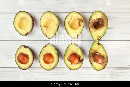 Le metà dell'avocado sono ordinate da mature a supermature sulla scrivania delle tavole bianche, vista dall'alto Foto Stock
