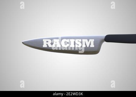 Lettere di razzismo su una lama di coltello che dimostrano il concetto di rischio di razzismo e discriminazione. Illustrazione 3D Foto Stock