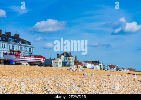 Tradizionale barca da pesca e gabbiani rilassarsi su una spiaggia di ciottoli, guardando a nord al molo, Deal, Kent, Gran Bretagna, luglio 2016 Foto Stock