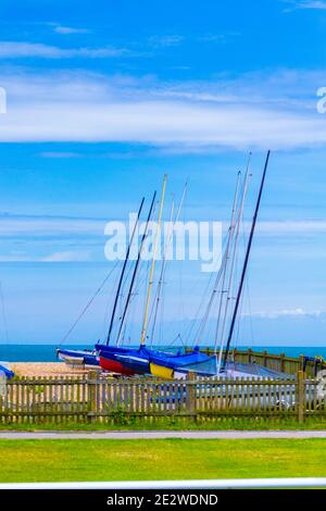 Tradizionale barca da pesca e gabbiani rilassarsi su una spiaggia di ciottoli, guardando a nord al molo, Deal, Kent, Gran Bretagna, luglio 2016 Foto Stock