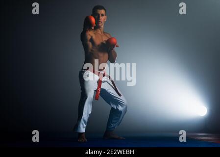 Il Karate uomo con la cintura nera in posa, campione del mondo su sfondo nero studio shot Foto Stock