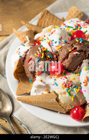 Gelato artigianale Sundae Nachos con panna montata e Sprinkles Foto Stock