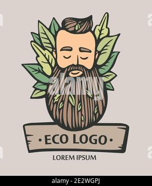 Logo eco-natura. Testa Hipster con barba in fiore con foglie. Illustrazione vettoriale disegnata a mano. Emblema uomo con bearded per prodotti ecologici. Illustrazione Vettoriale