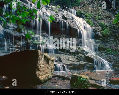 Cascate di Oconee Station all'inizio dell'estate con nuova crescita negli alberi, erbe e muschio sulle cascate. Una bella cascata cade nella Sumter National Forest Foto Stock