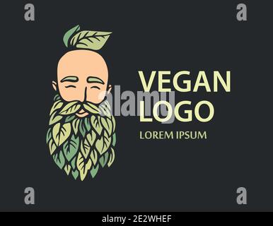Logo eco-natura. Testa hipster con barba in fiore con foglie su sfondo bianco. Illustrazione vettoriale disegnata a mano. Emblema uomo con bearded per prodotti ecologici. Illustrazione Vettoriale