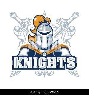 Emblema con cavaliere in armatura, logo cavalleria con paladino e spade, modello per una squadra sportiva, vettore Illustrazione Vettoriale