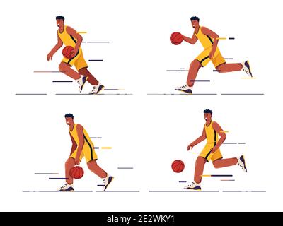 Insieme di illustrazioni vettoriali di un giocatore di basket in movimento Illustrazione Vettoriale