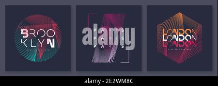 Set di disegni vettoriali astratti geometrici di t-shirt, stampe grafiche. Brooklyn, Parigi, Londra Illustrazione Vettoriale