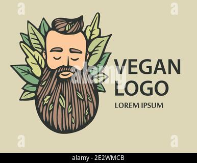 Logo eco-natura. Testa hipster con barba in fiore con foglie su sfondo bianco. Illustrazione vettoriale disegnata a mano. Emblema uomo con bearded per prodotti ecologici. Illustrazione Vettoriale