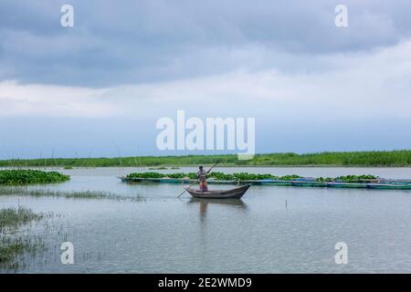 Uomo che tira barca sul fiume Meghna, Chandpur, Bangladesh. Foto Stock