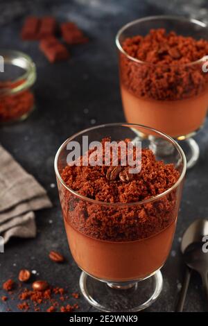 Deliziosa mousse al cioccolato da dessert con brownie in vasetti di vetro su una base di ardesia leggera, pietra o cemento. Foto Stock