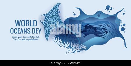 Text - giornata mondiale dell'oceano. Sea Stingray. Modello per la realizzazione di una cartolina. Immagine vettoriale per il taglio laser e la stampa di plotter. Fauna con animali marini Illustrazione Vettoriale