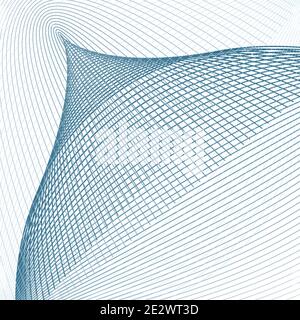 Suono, onde radio. Energia, concetto di potenza. Curve intersecanti blu scuro grigio. Progettazione tecnologica astratta. Pattern vettoriale line art. Sfondo bianco Illustrazione Vettoriale