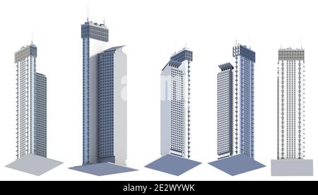 Set di 5 rendering di grattacieli high tech dal design immaginario, torri viventi con riflesso cielo - isolato su bianco, vista bassa illustrazione 3d di architettura Foto Stock